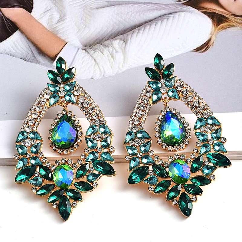 Long Metal Colorful Crystal Rhinestone Drop Earrings 3