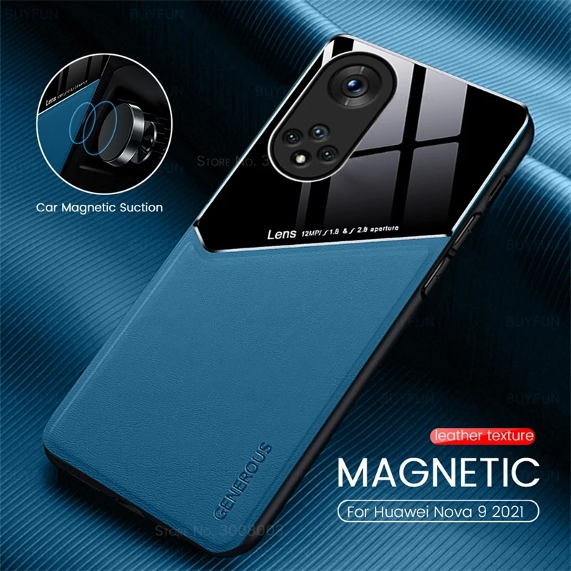 hauwei nova 9 case leather texture car magnetic holder phone cover for huawei nova 9 huawey nova9 6.57''soft frame protect coque