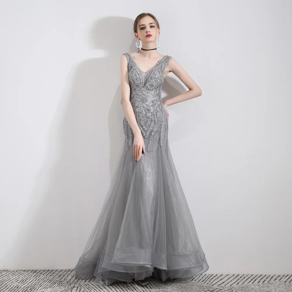 BacklakeGirls Avondjurken Met Parel глубокий Vneck без рукавов Тюль Русалка вечернее платье на шнуровке с открытой спиной