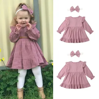 

UK Vintage Kid Baby Girl Clothes Ruffle Princess Dress Autumn Party Solid Dress