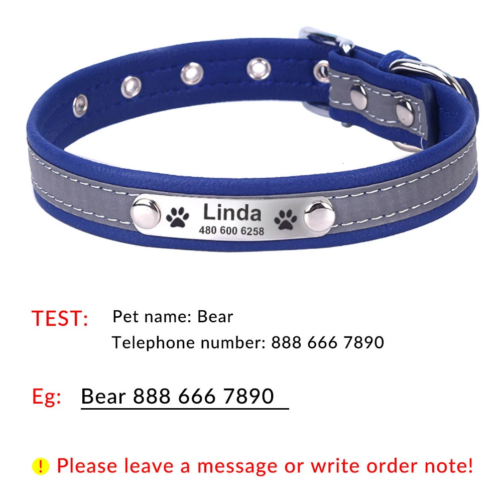 Blue Dog Collar Ошейник для собак из XS-XXL волокна, кожа, индивидуальная Выгравированная, светоотражающий, на заказ, ошейник для щенков, кошек, домашних животных, идентификационная бирка для маленьких, средних и больших собак - Цвет: Blue Dog Collar
