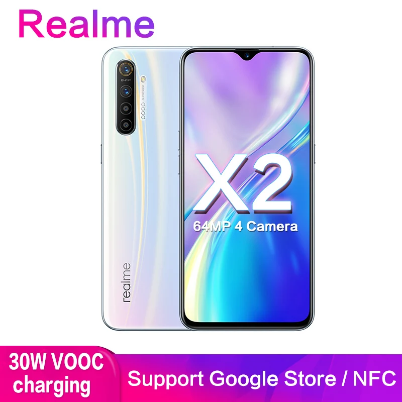 Оригинал Realme X2 64MP 5 камер поддержка глобальной ПЗУ Google Play NFC 6 ГБ 128 4 &quotAMOLED Полный