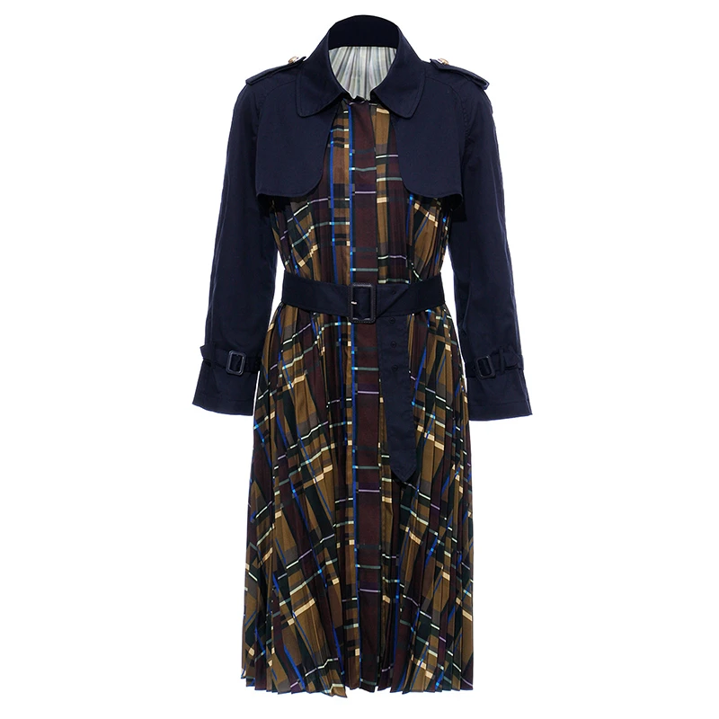 Patchwork Plaid Women's Windbreaker Lapel Collar Long Sleeve High Waist With Sashes Coat Female Autumn Fashion 45