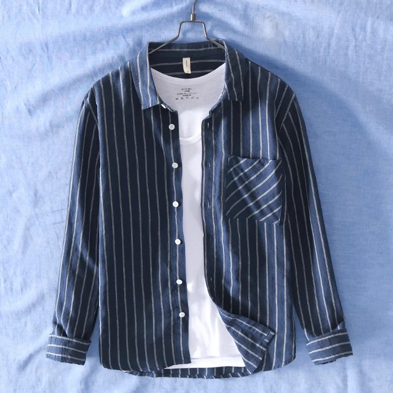 

Quality Mens Linen Cotton Striped Long Sleeve Casual Shirt Men Turn-Down Collar Social Business Flax Dress Shirts TS-465