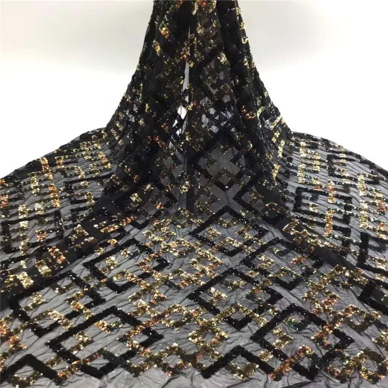 

Arrival Sequins Lace Fabrics African Nigerian Tulle Mesh Lace Fabric for Wedding Tulle Lace Fabrics with Black + Gold Sequins