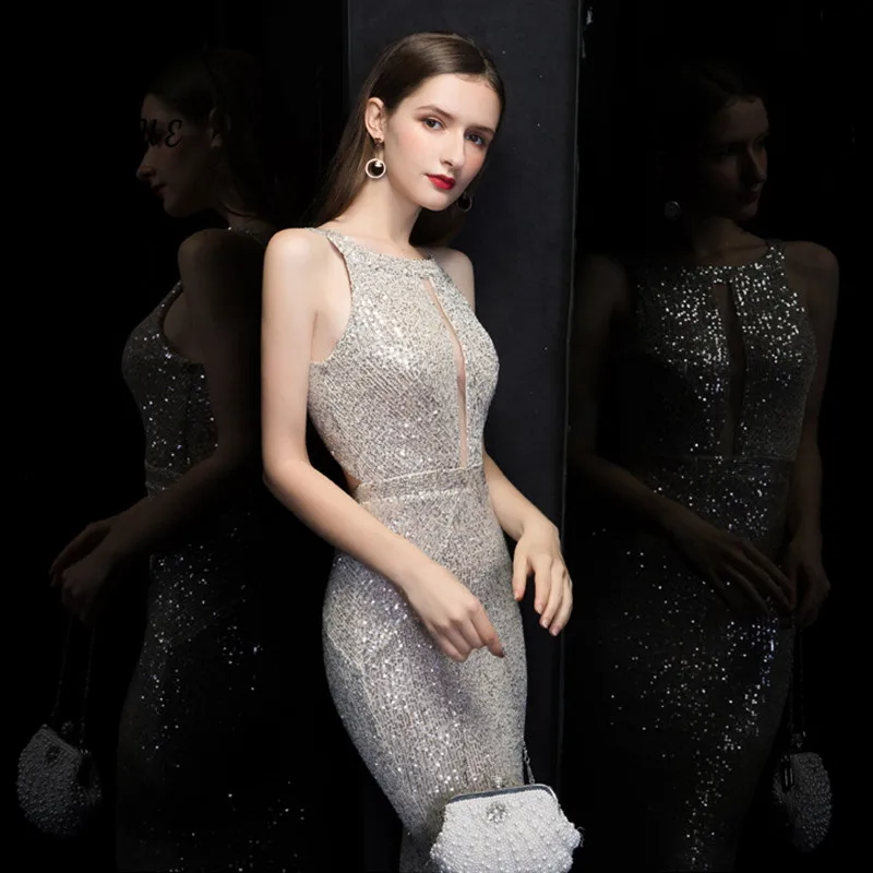 

Skyyue Robe De Soiree Silver Sequined Evening Dresses K099 Halter Party Dresses for Women Sleeveless Elegant Mermaid Formal Gown