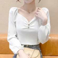 

Women Blouse V-Neck Button Womens Tops And Blouses Puff Sleeve Slim Ladies Tops 2022 Spring Short Woman Clothes Camisas De Mujer