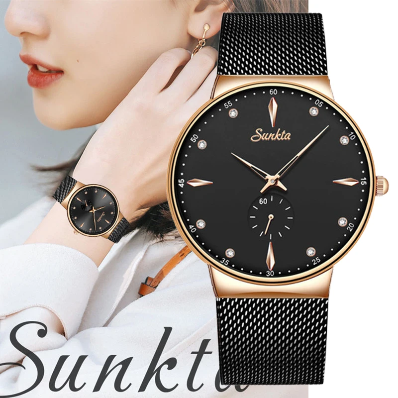 

SUNKTA Modern Fashion Quartz Watch Black Men Women Mesh Bracelet Stainless Steel High Quality casual Wrist Watch Gift for Woman