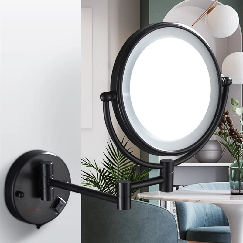 Espejo de maquillaje montado en la pared de 8 pulgadas, negro, recargable  por USB, de doble cara con luces LED de 3 tonos, espejo de baño de aumento  1x/5x para afeitarse, brazo