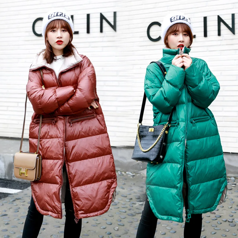 Winter New Style down Jacket Women's Mid-length over-the-Knee Stand Collar Korean-style Loose-Fit Coat Solid Color Versatil