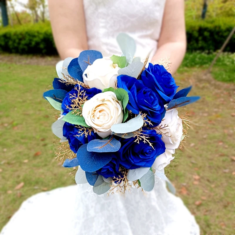 Novo impressionante noivas bouquet azul royal mix marfim seda