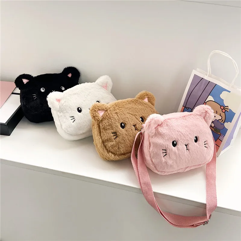 Cute Soft Plush Childrens Shoulder Bag Cartoon Cat Baby Girls Messenger Small Bags Winter Fashion Boys Kids Handbags Coin Purse
