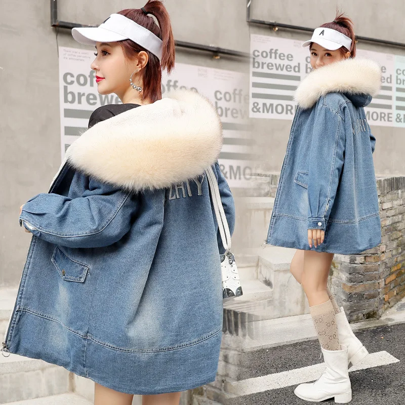 

2019 Winter Cotton-padded Jacket Mid-length Korean-style Loose-Fit BF Thick Hooded Large Fur Collar plus Velvet Cowboy Cotton-pa