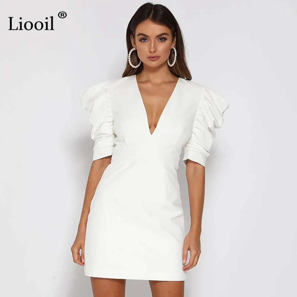 Белый Liooil, сексуальное облегающее мини-платье с рюшами, женское,, половинный рукав, v-образный вырез, открытые, белые, обтягивающие, платья для женщин, вечерние, для ночного клуба - Цвет: Белый