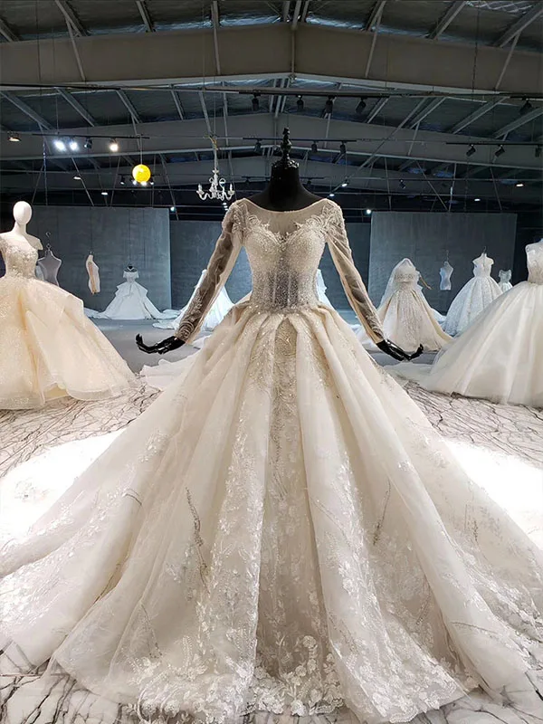 as picture HTL1115 Элегантное свадебное платье с длинным рукавом и круглым вырезом на шнуровке корсетные Свадебные платья европейский и американский стиль Горячая Распродажа abiti da sposa - Цвет: as picture