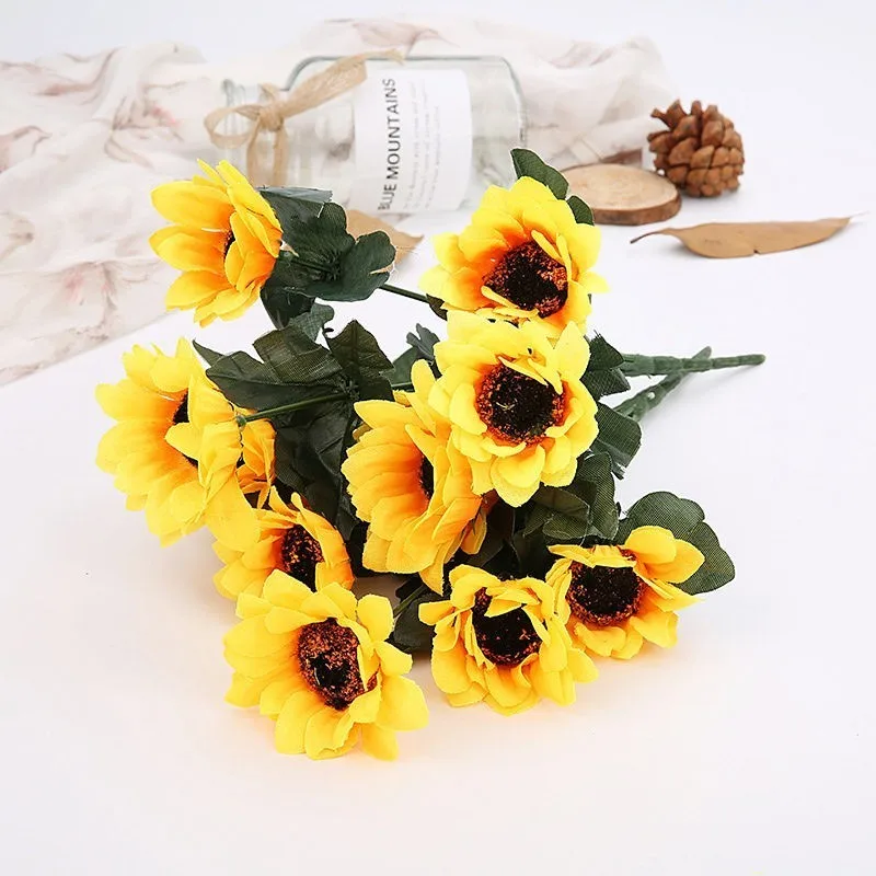 5PCS Autumn Decor Artificial Flowers 7 Heads Yellow Sunflower Silk Flowers Bouquet For Home Decoration Office Party Garden Decor