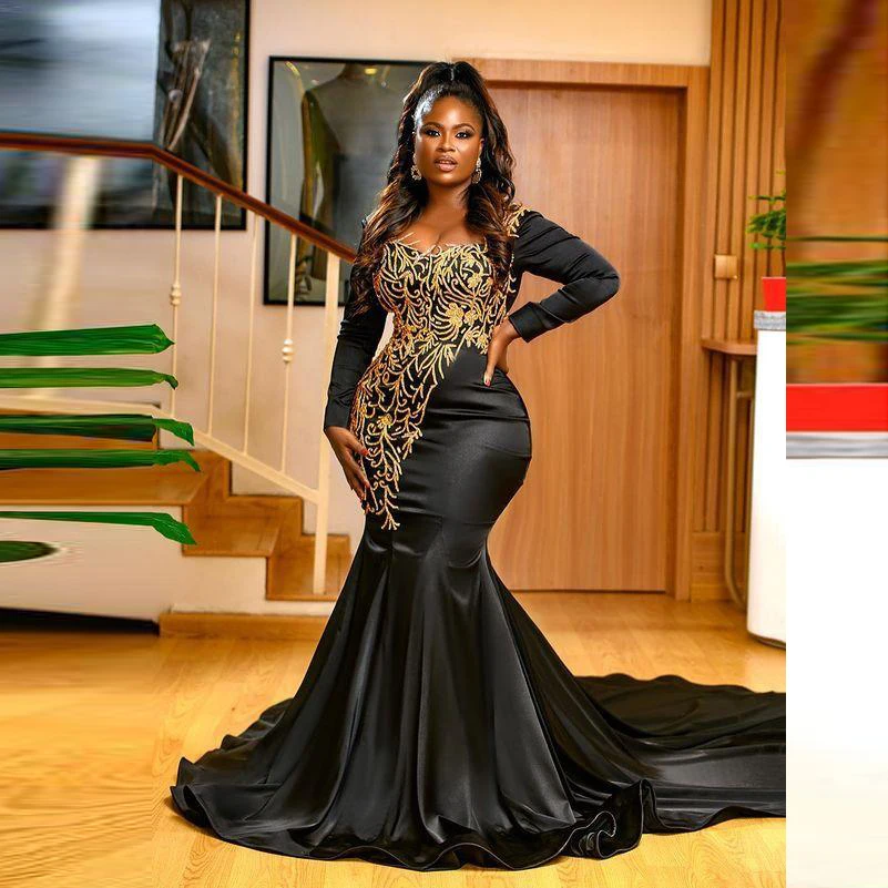 Черное вечернее платье-Русалка Aso Ebi с золотистыми кружевами и аппликацией платье