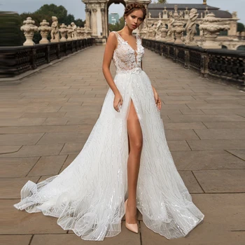 

Eightree Sparkling A Line Wedding Dresses Sleeveless V Neck High Slit Lace Appliques Bride Dress Backless Robe De Mariee Vestido