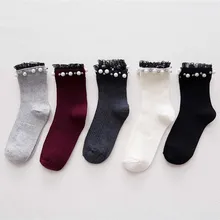 1 пара, Женские однотонные хлопковые носки с жемчужинами, короткие носки с манжетами для девочек, короткие носки, короткие носки, осенне-зимние длинные носки
