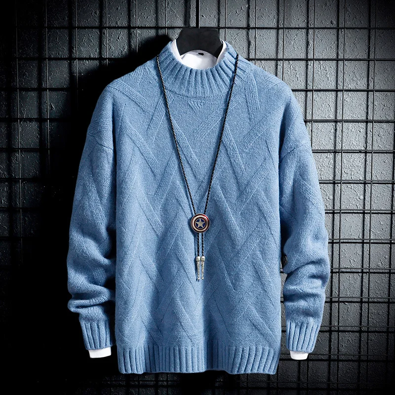 

YUECHEN Autumn And Winter Men's New Youth Soft Half-high Collar Solid Color Slim Sweater Acrylic Diamond Lattice M-3XL