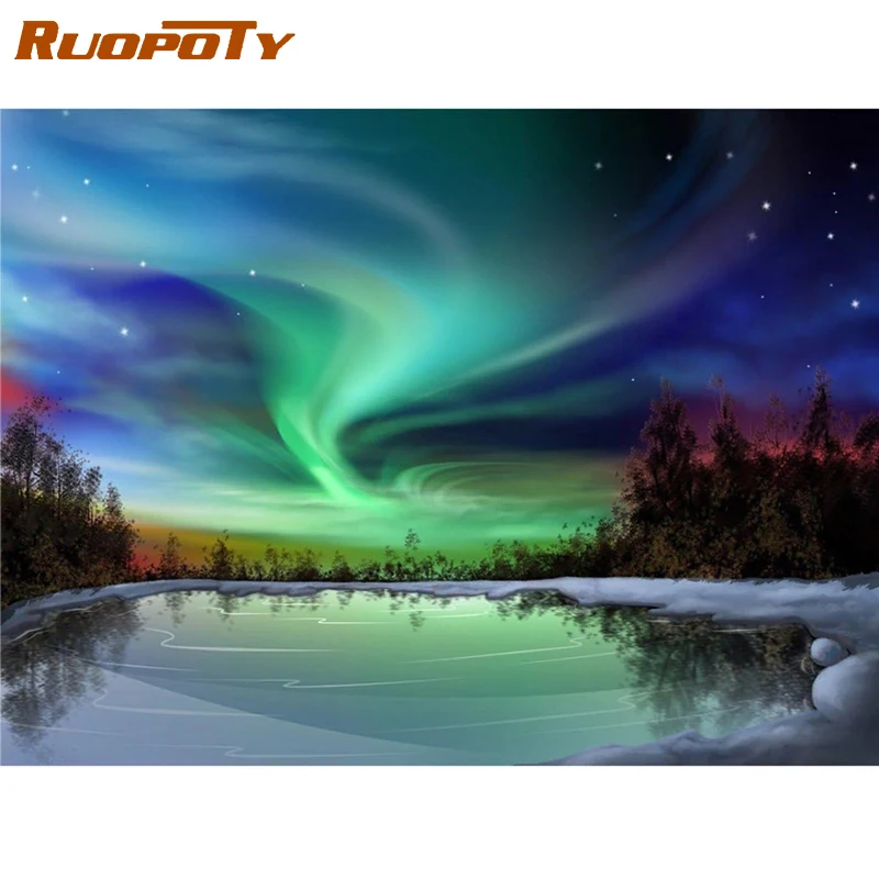 RUOPOTY DIY живопись маслом по номерам наборы Великолепная Аврора Borealis пейзаж