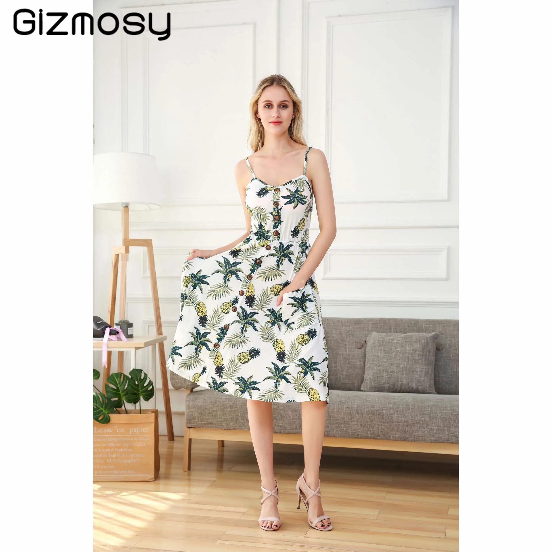 Женское Хлопковое платье с цветочным принтом свободное на бретельках без