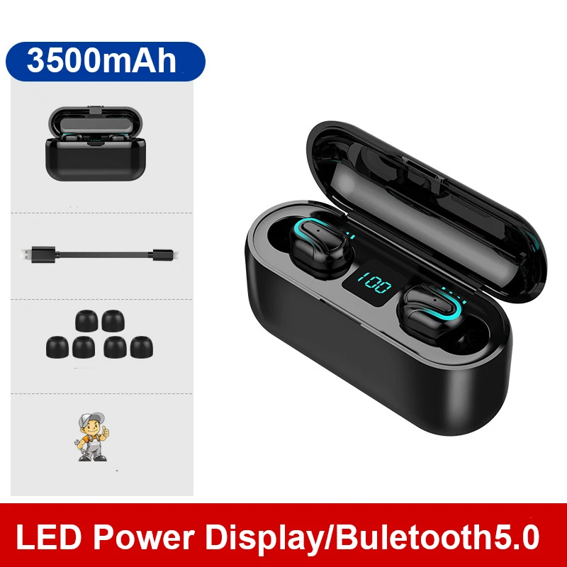 HANTOPER 3500 mAh Bluetooth наушники 5,0 TWS мини беспроводные наушники стерео мини гарнитура наушники с дисплеем питания держатель телефона - Цвет: Черный