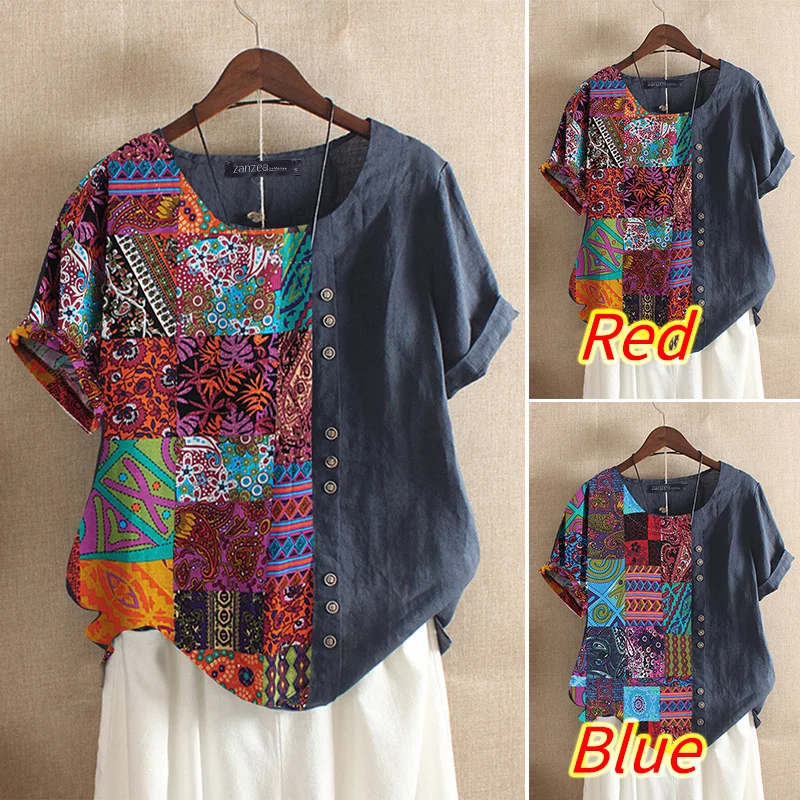 Patchwork Blouse Tee-Shirts Oversized-Tunic Printed Vintage Womens Short-Sleeve Blusas