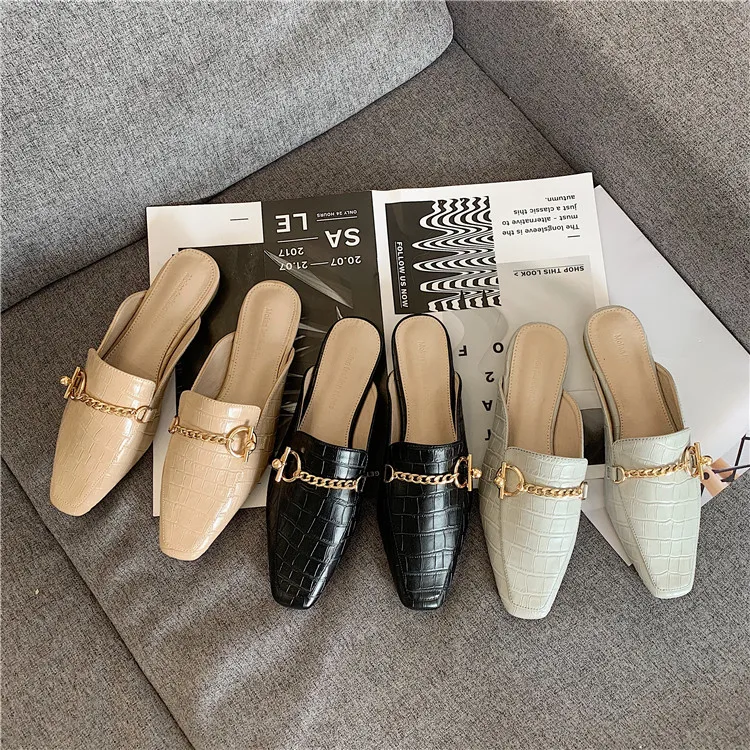 Бренд molan Designers; коллекция года; сезон весна; Новинка; модная Роскошная золотая металлическая цепь; кожаные тапочки на плоской подошве; слипоны; лоферы; шлёпанцы; вьетнамки
