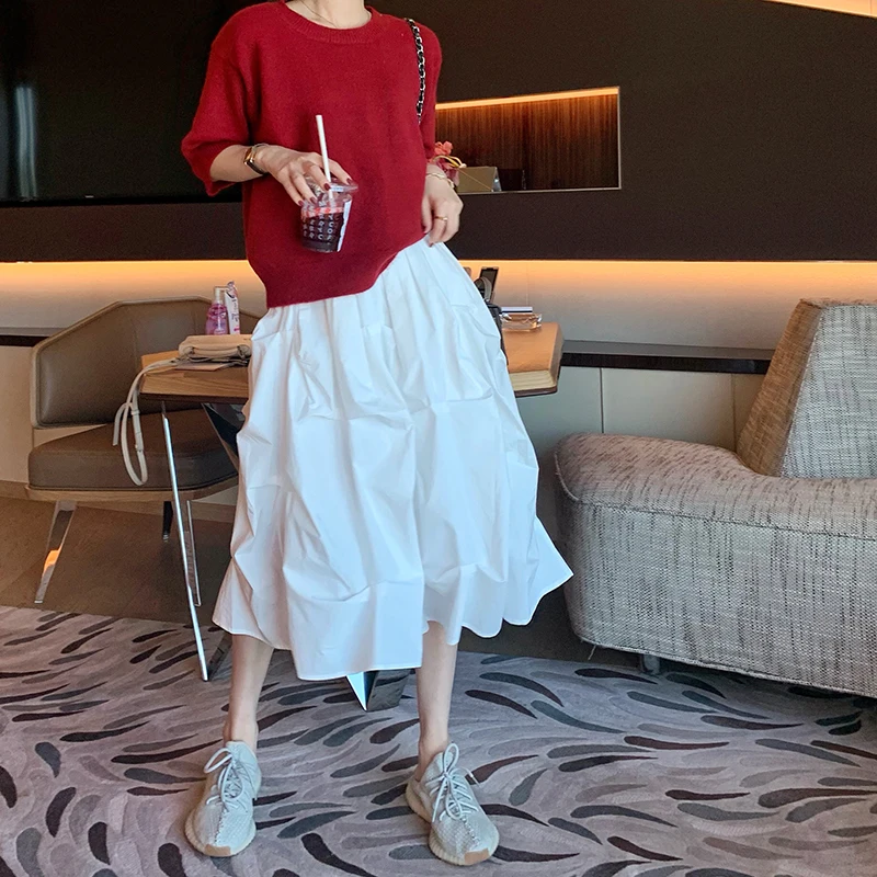 

Pleated Midi chiffion white Skirt Female Skirts Spring And Summer Midi A-Line Lady Women Skirt JK468