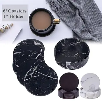 

6pcs PU Leather Marble Coaster~ Drink Coffee Cup Mat Tea Pad Heat Resistant Dining Table Placemats Table Chic Home Decoration