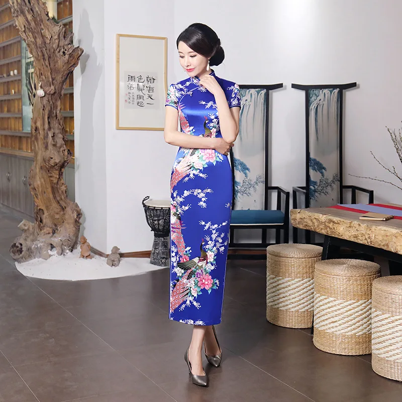 Fikoo Chinese National Spring Cheongsam Long Dress Peacock Floral Vintage Silk Dresses