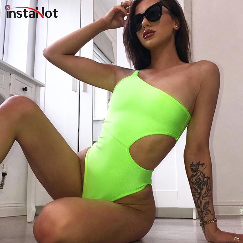 InstaHot Green боди с вырезами на бретельках с одним рукавом и открытой спиной без рукавов сексуальный комбинезон женский модный обтягивающий Повседневный боди