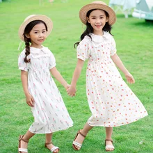 Кружевные платья с воротником «Питер Пэн» г. Новое летнее пляжное платье с цветочным рисунком для маленьких девочек хлопковые платья до середины голени для маленьких детей, одежда