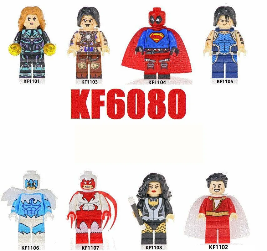 

KF6080 8Pcs Marvel Super Heroes Shazam Anton Vanko Deadpool Tempest Dove Hawk Zatanna Building Blocks Figures For Children Toys