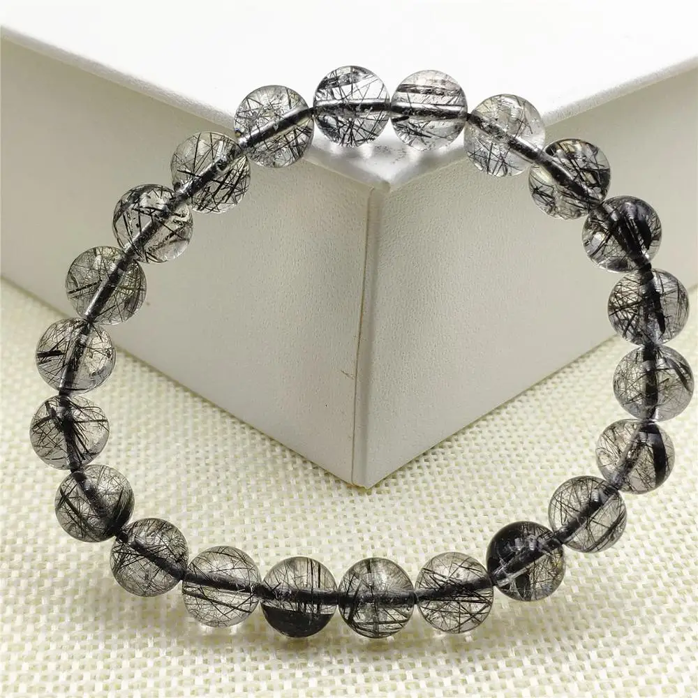 

9mm Natural Black Rutilated Quartz Crystal Bracelet Wealthy Stone Women Men Clear Round Beads From Brazil Reiki stone AAAAA