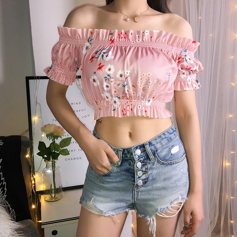 Iamhotty Розовый без бретелек Женские топы с цветочным принтом эластичный жилет с оборкой корейская мода лето топы
