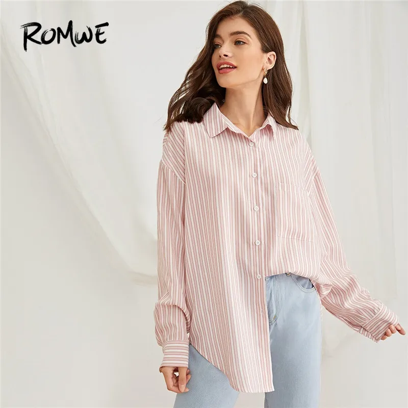 

ROMWE Drop Shoulder Vertical-Striped Oversize Blouse Womens Tops and Blouses Casual Autumn Long Sleeve Ladies Button Up Blouses
