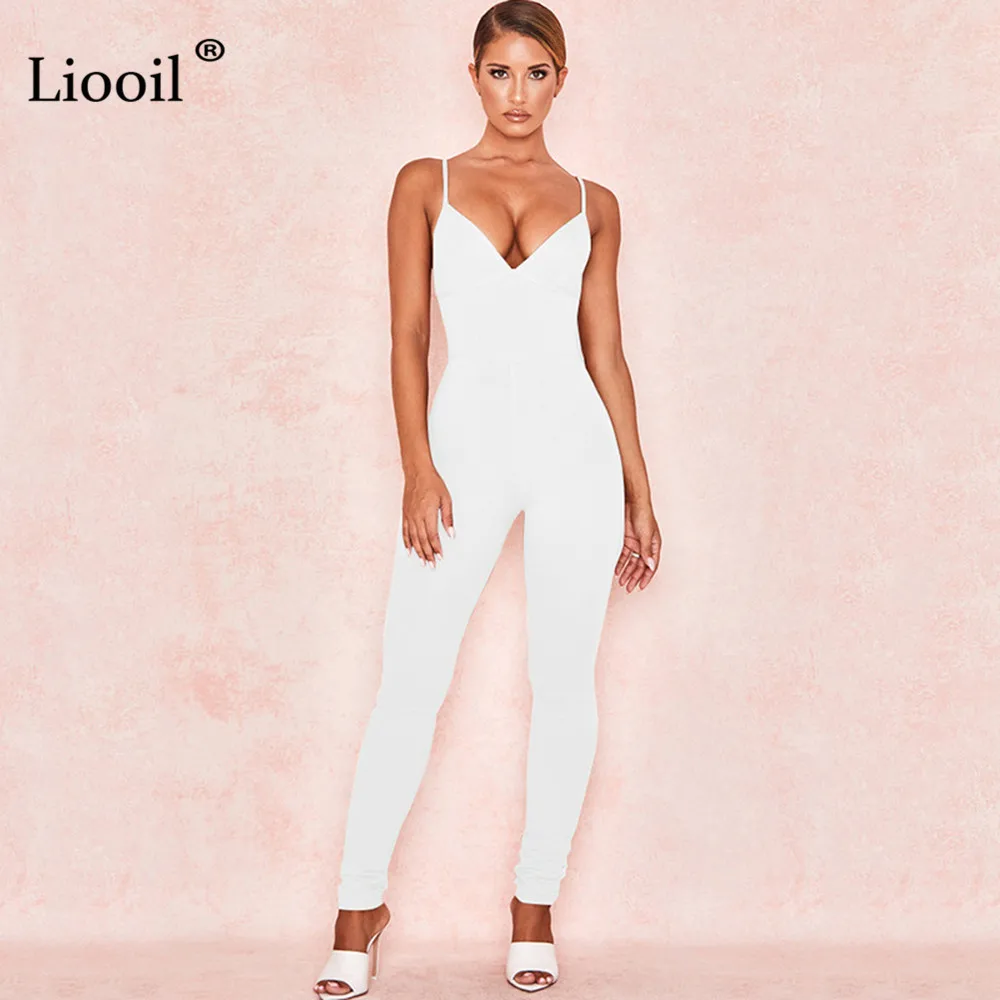 Белый Liooil One Piece Outfits Black White Sexy Tight Jumpsuits Fall Sleeveless V Neck Bodycon Party Club Rompers Womens Jumpsuit - Цвет: Белый