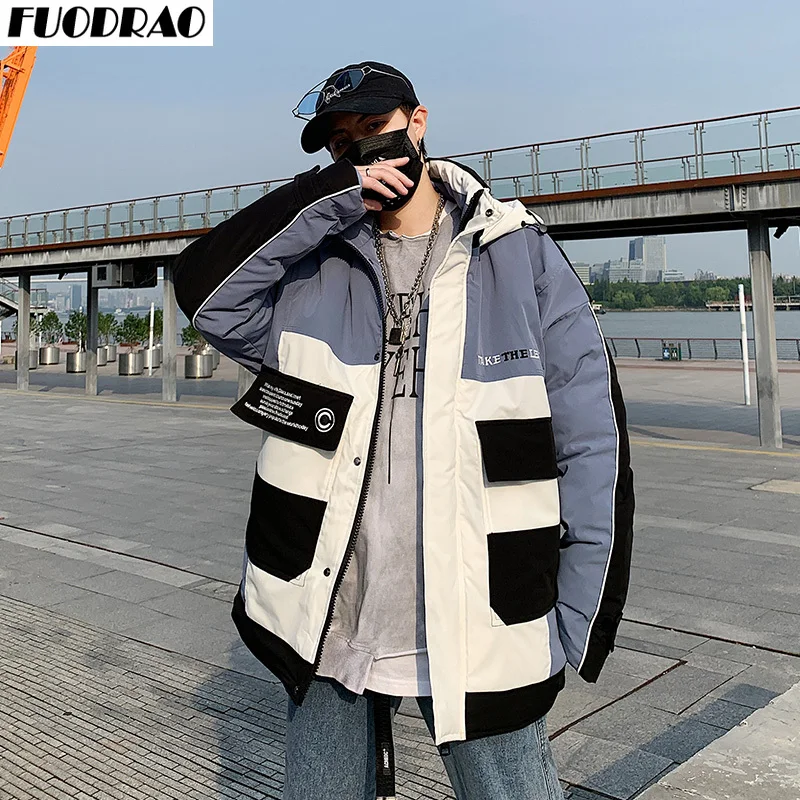 FUODRAO Loose Thicken Warm Winter Parka Men Patchwork Jackets Coats Male Harajuku Jacket Mans Outwear Hooded Windbreaker J208