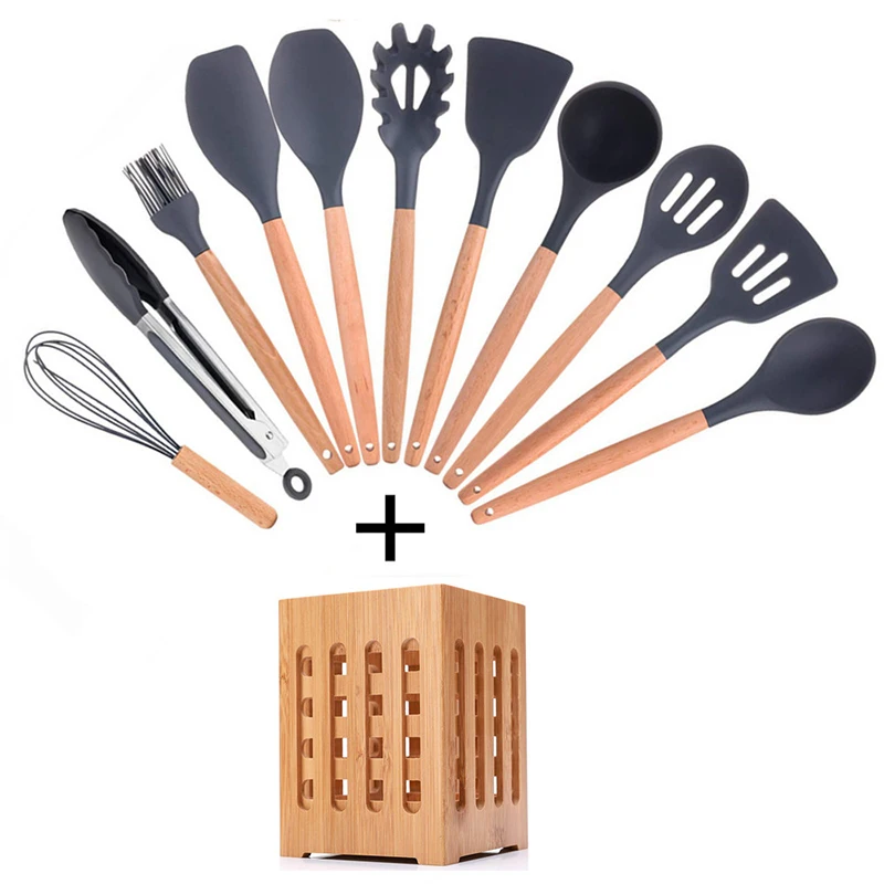 

11-PCS Kitchen Utensils Set Silicone with Holder Spoon Turner Tongs Spatula Cooking Utensil Tools Sets Wood Cookware Kitchenware