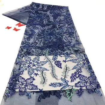 

Blue african embroidery tulle lace fabric 2020 high quality french net lace with sequins for wedding 5yards