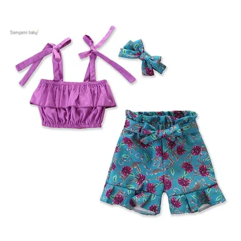 

2020 Summer New Girl Girls' Set Sling Shoulder Top + Flower Shorts