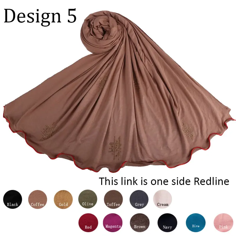 

Redline D05-Cotton Diamond Shawl stretchy Jersey Hijab Scarf with rhinestone one side red line for muslim women 2020 netherlands