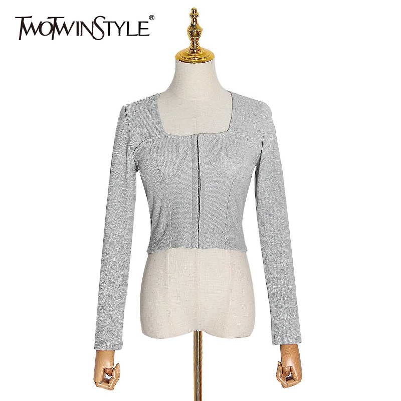 TWOTWINSTYLE сексуальный лоскутный свитер женский квадратный воротник длинный рукав