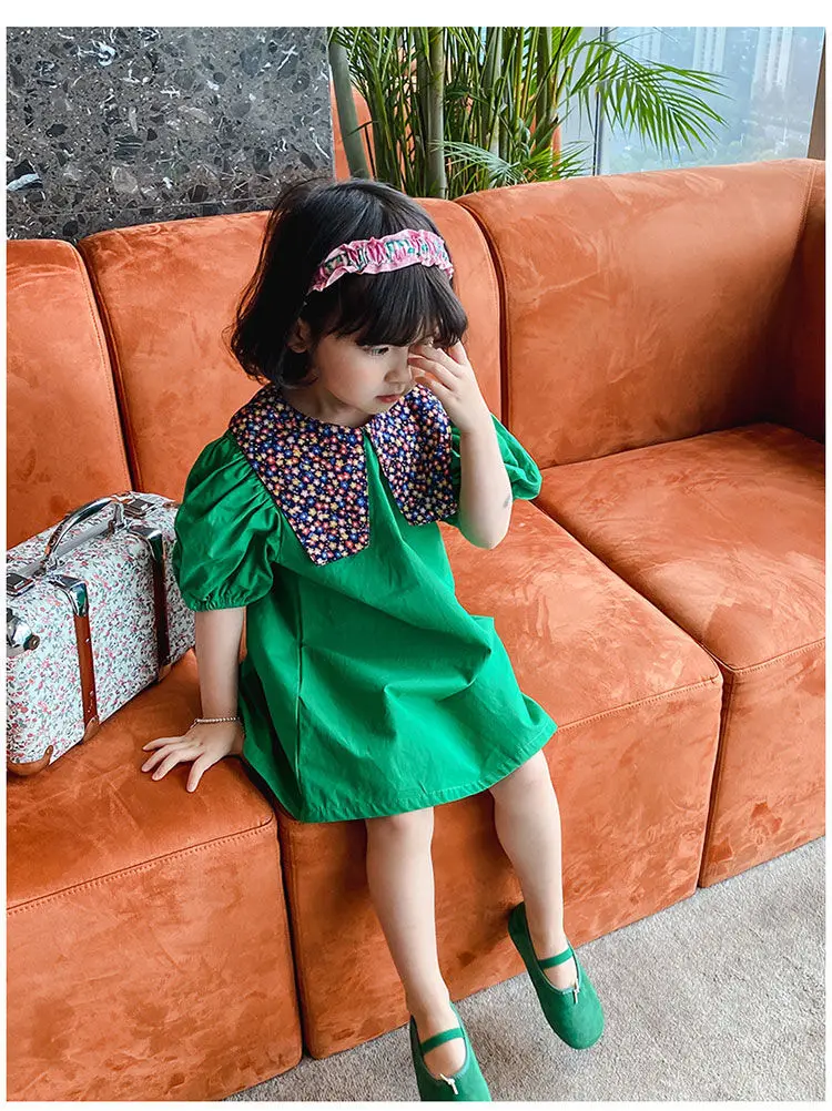 

2021 New Arrival Girls Floral Cotton Dress Lace Collar Stitching Pastoral Style Girl Princess Dress