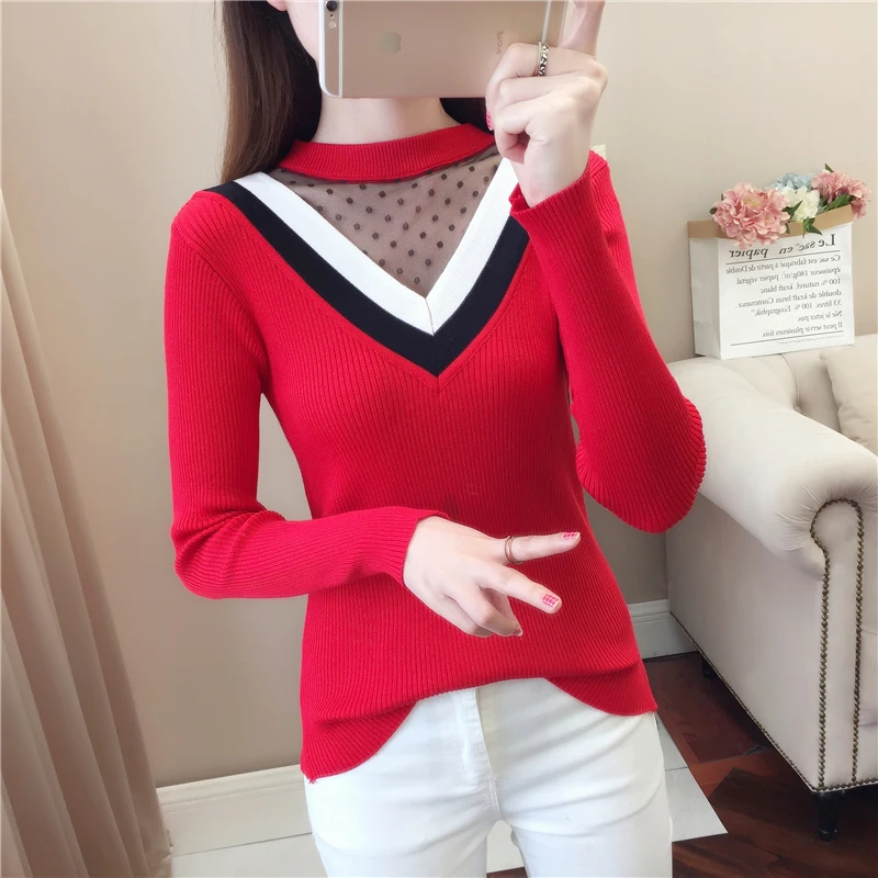 Lace stripe female half Turtleneck Pullovers Women Sexy Splicing V-neck Mesh Autumn Sweaters Ladies Long Sleeve Coffee Jumpers | Водолазки