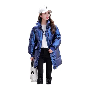 

Women Medium Long Winter Jacket Girls Wide Loose Hooded Glossy Windproof Down Jacket Oversize Cotton padded Parkas Outwear Coat