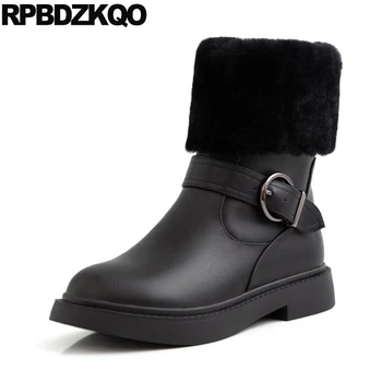 

winter genuine leather 2019 high quality custom block boots ankle fur platform luxury brand shoes women round toe black chunky