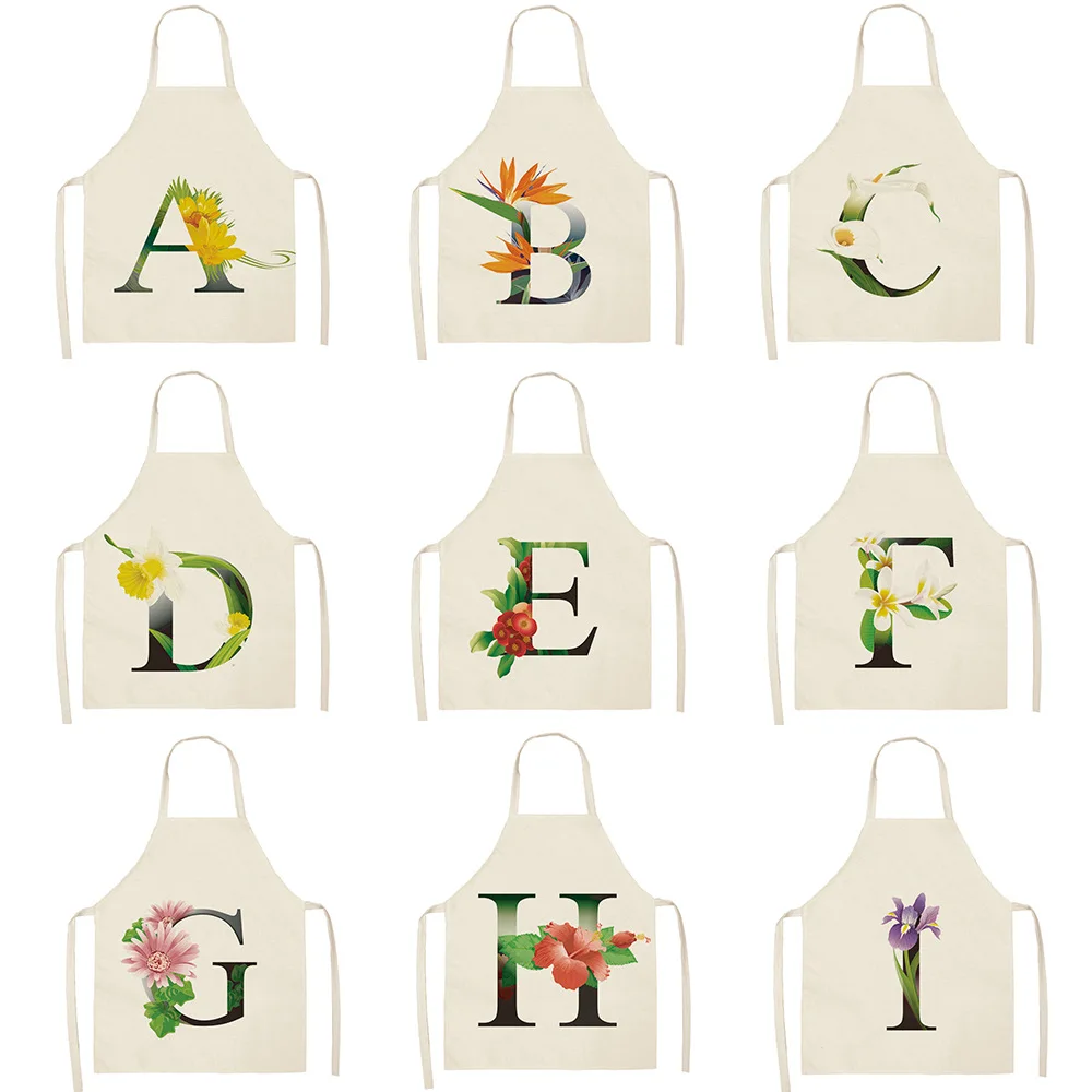 Multifunction Kitchen Apron Women 26 Letters Creen Plant Cotton Linen Sleeveless women Chef Cooking Aprons Kitchen 68*55cm 0064